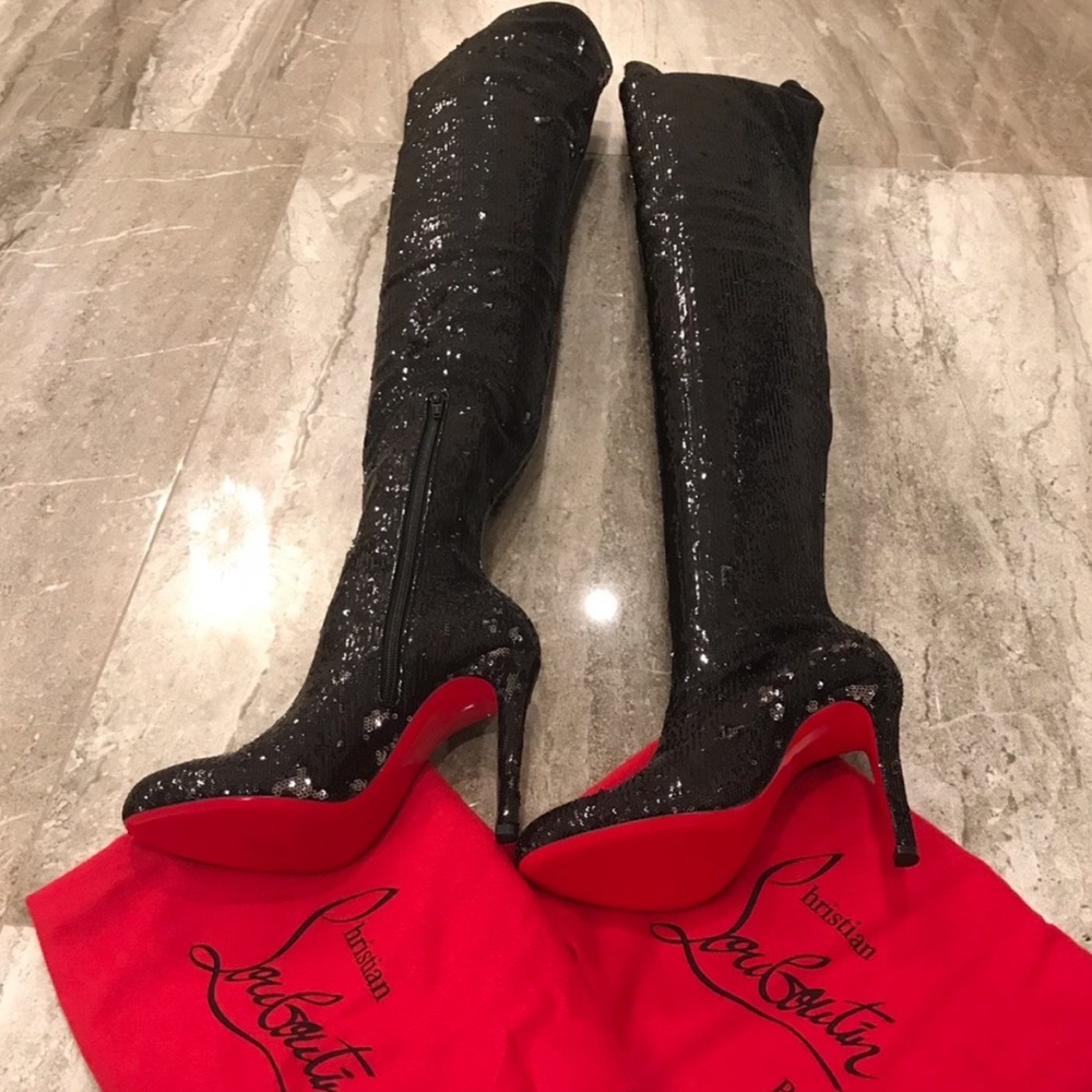 EUC Christian Louboutin - Thigh High Sequin Boots - Black